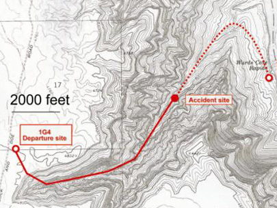 Figure 1. Topographic chart showing the 1G4 departure site, the accident site, and the prescribed route through Descent Canyon to the Beach helipad.